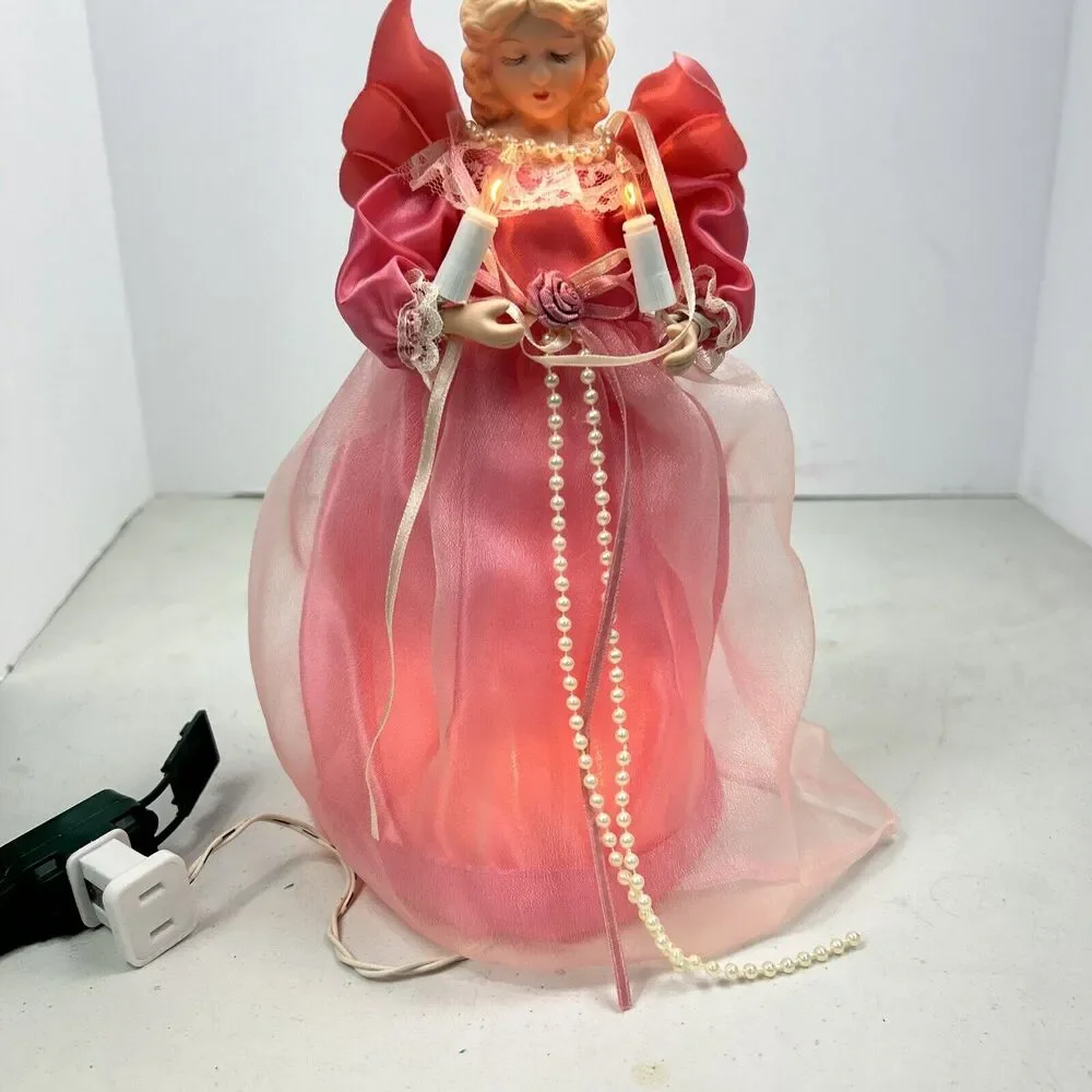 Angel Christmas Tree‎ Topper Lighted Bisque Face Pink Dress Flashing About 9
